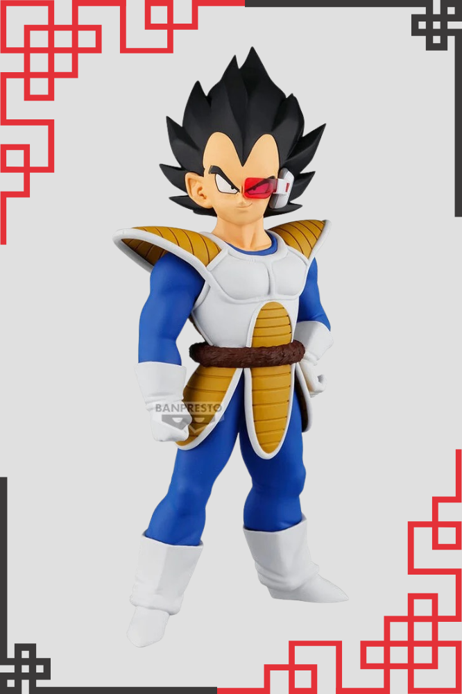 Figura Vegeta de Dragon Ball Z, colección Solid Edge Works de Banpresto, 17 cm de altura, con armadura Saiyan azul y blanca, rastreador rojo y cabello negro.