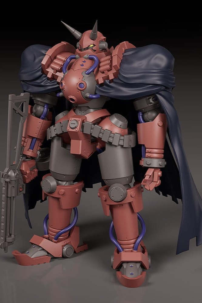 Maqueta Volkein de Gun x Sword, colección MODEROID de Good Smile Company, de 17 cm, con armadura rojiza, rifle y capa oscura desmontable.