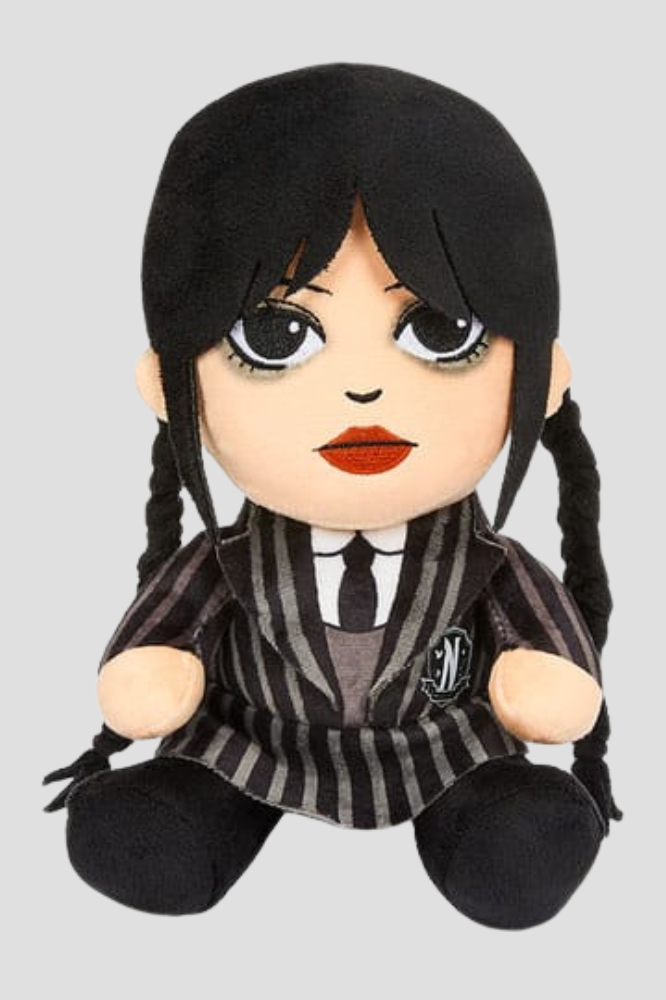 Peluche de Wednesday Addams con trenzas negras y uniforme de la Academia Nunca Más, de aproximadamente 20 cm.