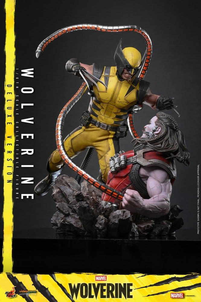 Figura Deluxe 1/6 de Wolverine de Hot Toys basada en Marvel's Wolverine, con traje amarillo y negro, garras y base diorama de batalla con Omega Red.
