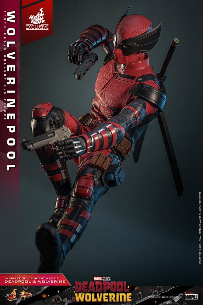 Figura Wolverinepool de Deadpool & Wolverine a escala 1/6 de Hot Toys con katanas, pistolas y garras, edición exclusiva limitada.