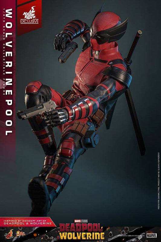 Figura Wolverinepool de Deadpool & Wolverine a escala 1/6 de Hot Toys con katanas, pistolas y garras, edición exclusiva limitada.