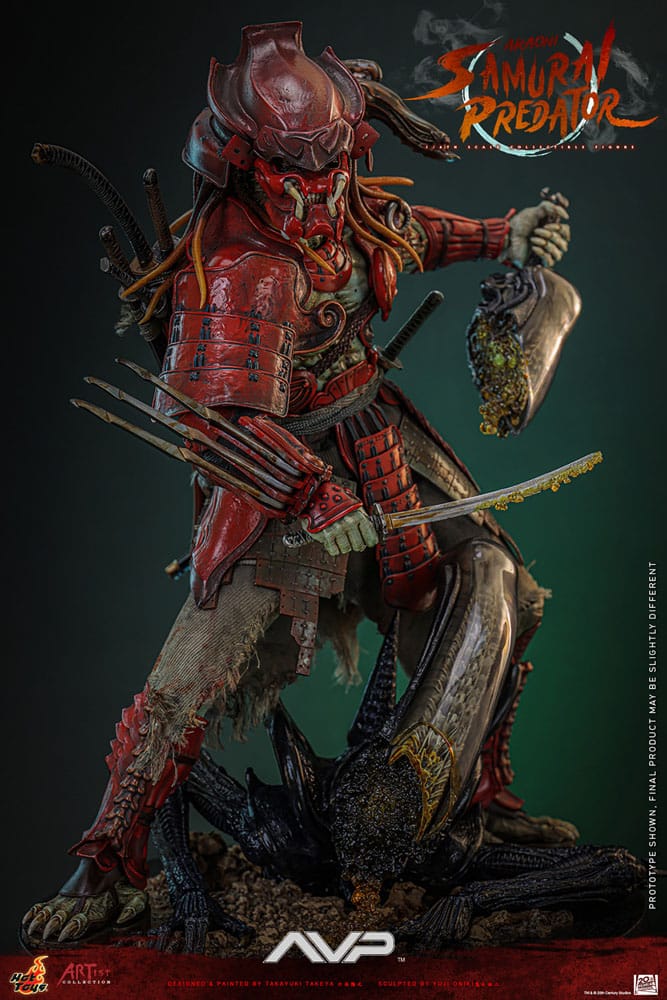 Figura Akaoni Samurai Predator Hot Toys Artist Collection con armadura y cabeza trofeo, escala 1/6.