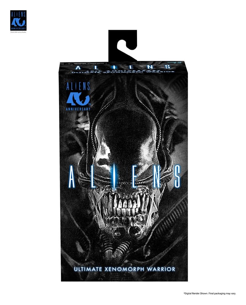 Figura Warrior Xenomorph Black 40th Anniversary de NECA basada en Aliens 1986 con acabado negro brillante y gran nivel de detalle