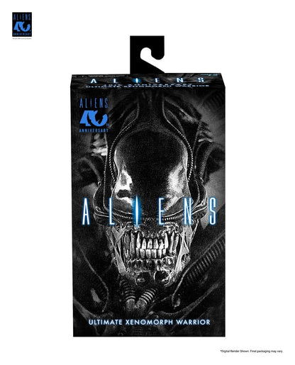 Figura Warrior Xenomorph Black 40th Anniversary de NECA basada en Aliens 1986 con acabado negro brillante y gran nivel de detalle