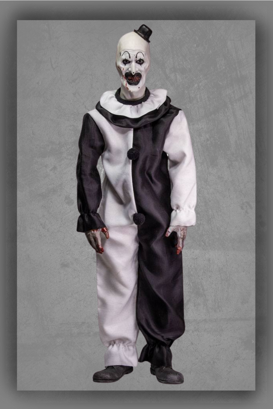 Figura Art The Clown de Terrifier escala 1/6 con traje blanco y negro.