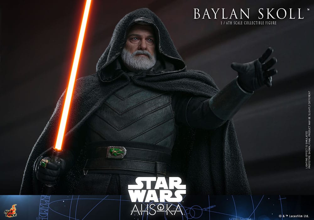 Mosaico de detalles de la figura de Baylan Skoll Hot Toys – traje, accesorios, sable láser y rostro.