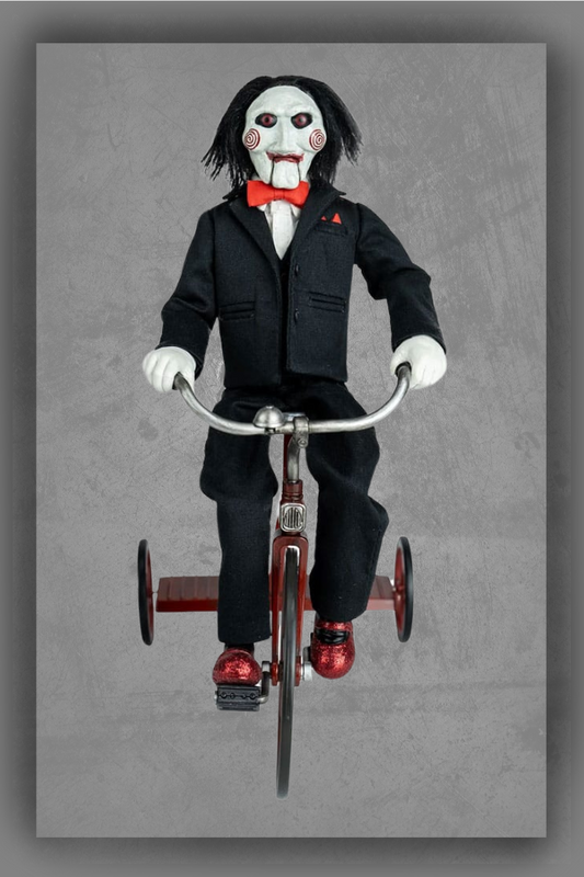 Figura articulada Billy the Puppet de Saw montado en triciclo, escala 1/6.