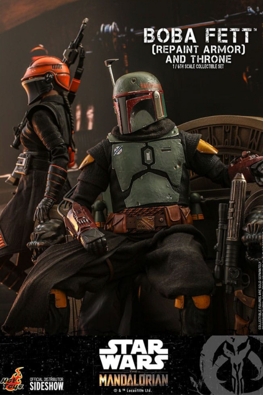 Figura coleccionable Boba Fett Hot Toys escala 1/6 con trono de Jabba basada en The Mandalorian.