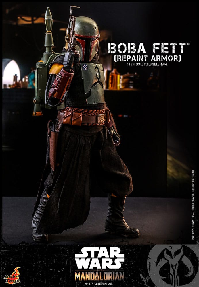 Figura articulada de Boba Fett con armadura repintada y pose completa.