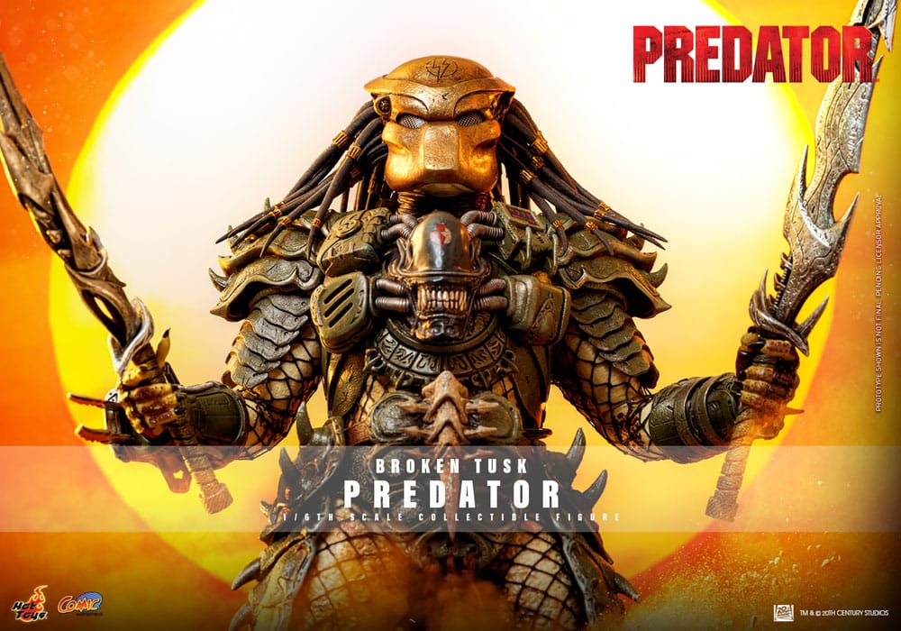 Figura BROKEN TUSK PREDATOR Hot Toys Comic Masterpiece con armas y detalles de combate