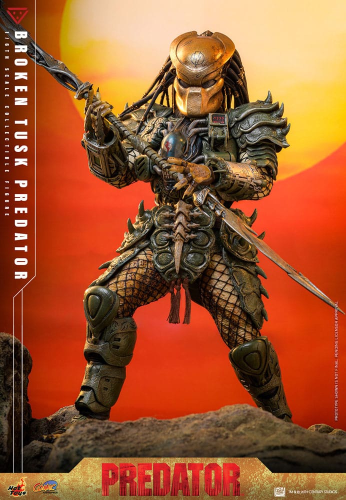 Presentación de la figura BROKEN TUSK PREDATOR Hot Toys en caja ilustrada original de Alien vs Predator