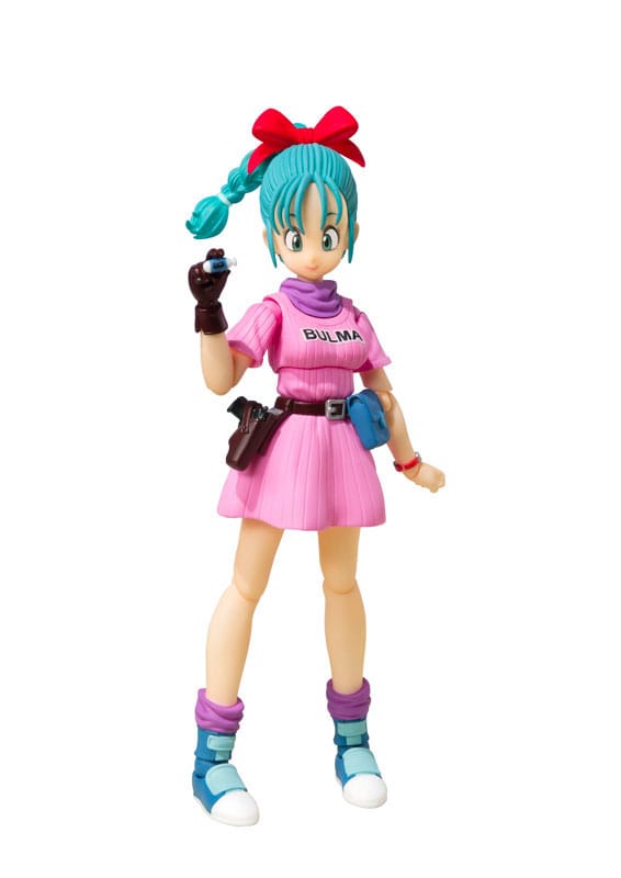Figura articulada de Bulma con mochila rosa y accesorios – versión clásica.