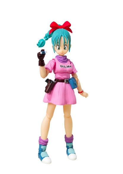Figura articulada de Bulma con mochila rosa y accesorios – versión clásica.