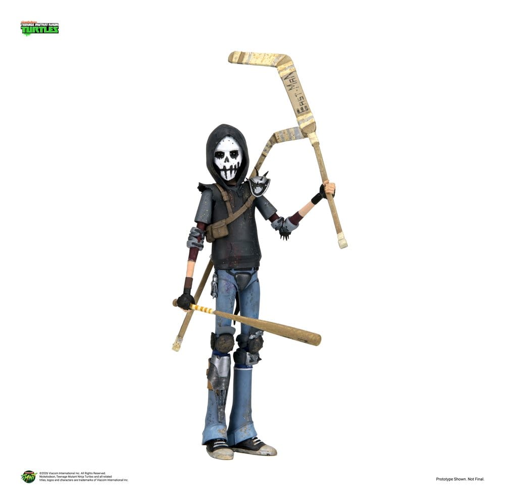 Accesorios incluidos con la figura Casey Jones Ultimate NECA TMNT 2012 como bate, palos y máscara de hockey