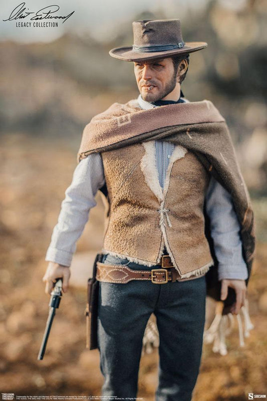 Figura Clint Eastwood con poncho de tela y sombrero, escala 1/6.
