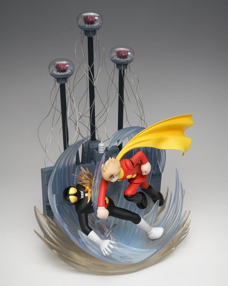 Detalle base estatua Cyborg 009 con efectos visuales de acción