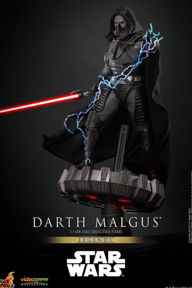 Figura Darth Malgus de Hot Toys a escala 1/6 con sable láser y base iluminada.