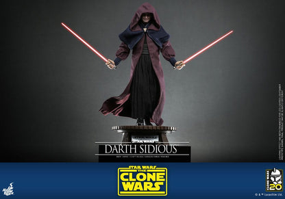 Accesorios de la figura Darth Sidious Hot Toys con sables de luz LED y efectos de rayos Sith.