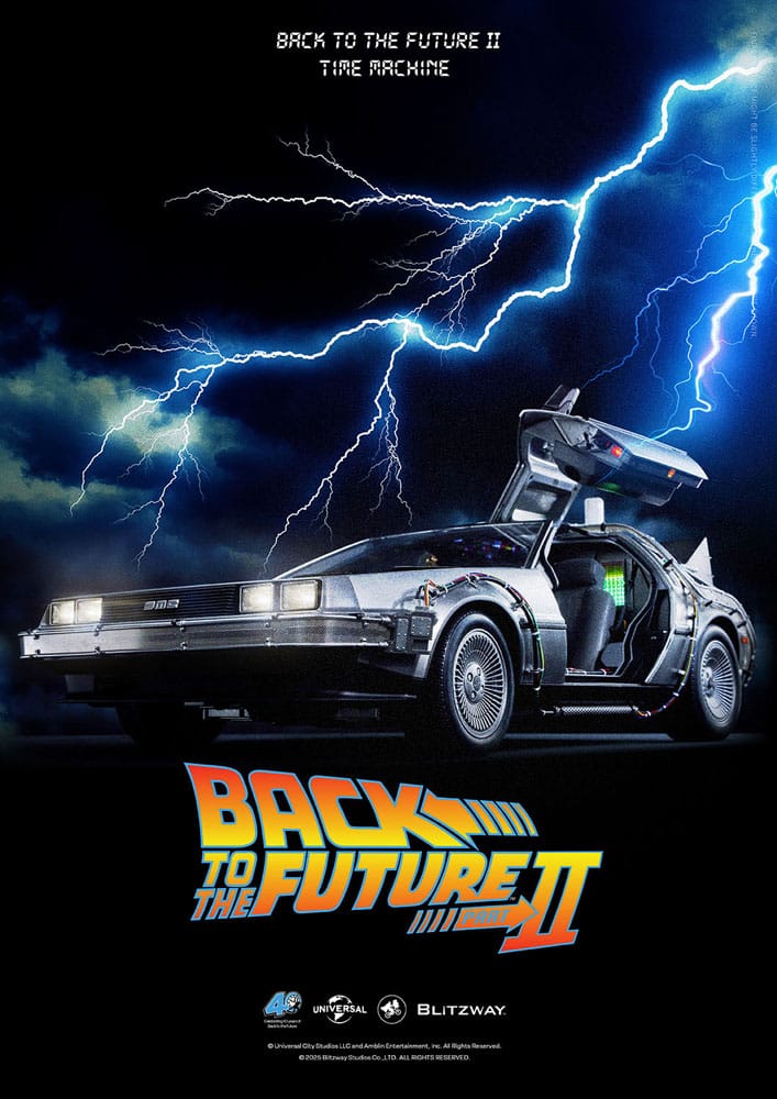 Vista lateral del Delorean de Blitzway con detalles realistas y efecto de vuelo.