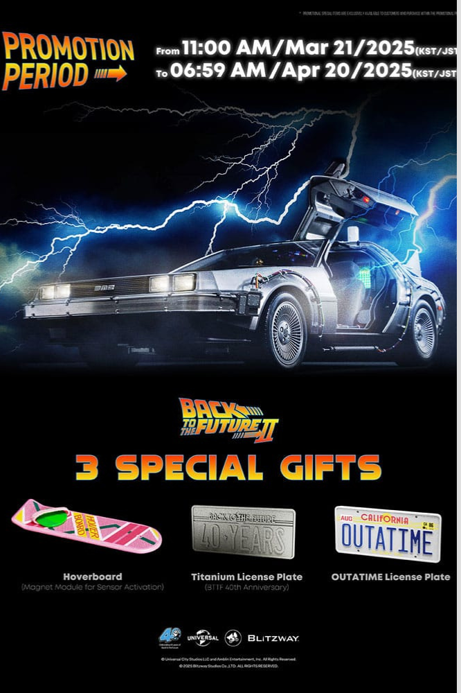 Delorean Blitzway con Hoverboard y matrículas de regalo, escala 1/6.