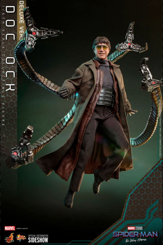 Figura Deluxe de Doc Ock Hot Toys 1/6 con abrigo y tentáculos extendidos.