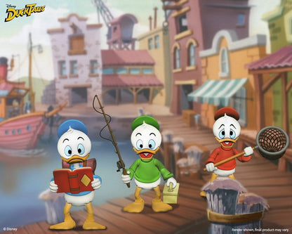 Figuras de los sobrinos de Donald Duck en DuckTales con colores rojo azul y verde de NECA
