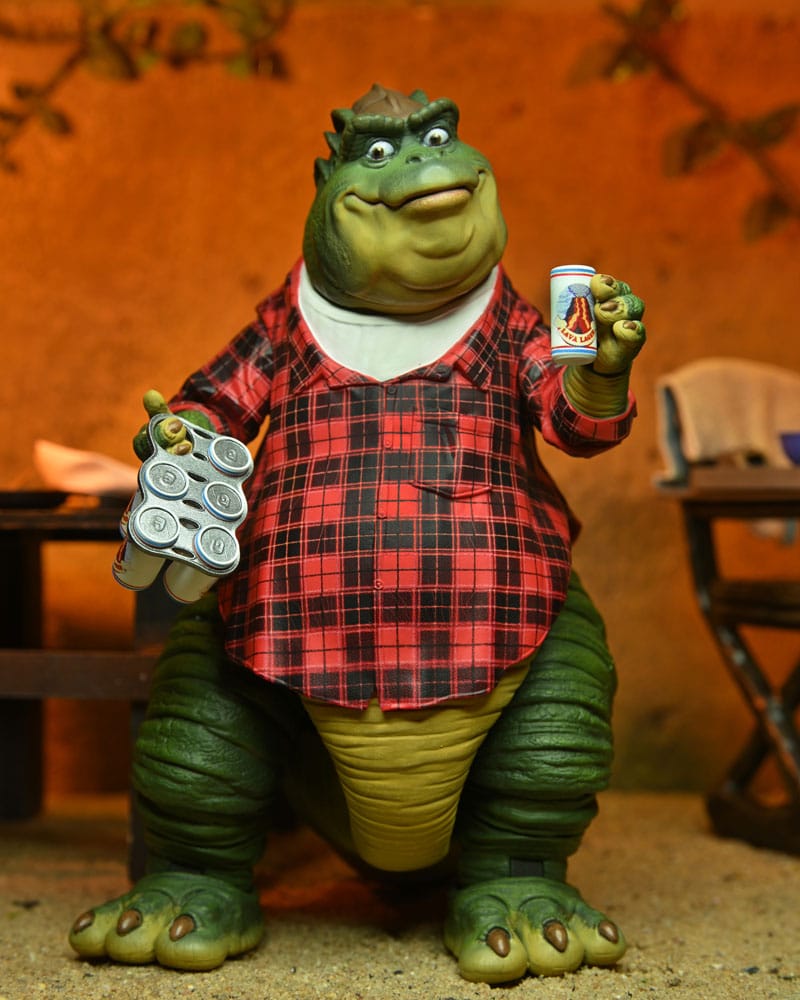 Figura Earl Sinclair NECA con cabezas y manos intercambiables, sombrero y latas Dinosaurs.