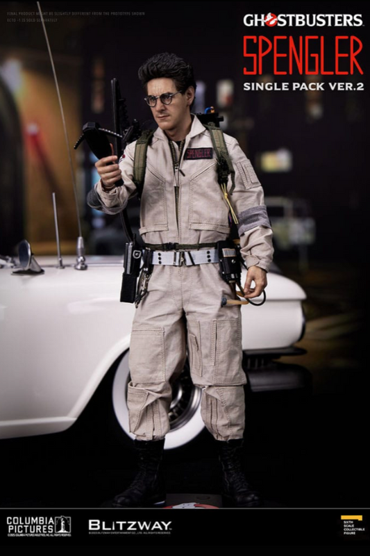 Figura articulada Egon Spengler Blitzway escala 1/6 de Los Cazafantasmas, con detector P.K.E. y traje de tela.