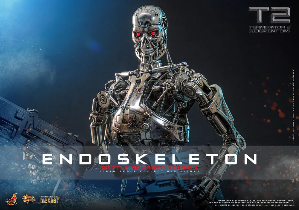 Presentación de la figura ENDOESQUELETO Battle Damaged Version Hot Toys en caja ilustrada original de Terminator 2 El juicio final
