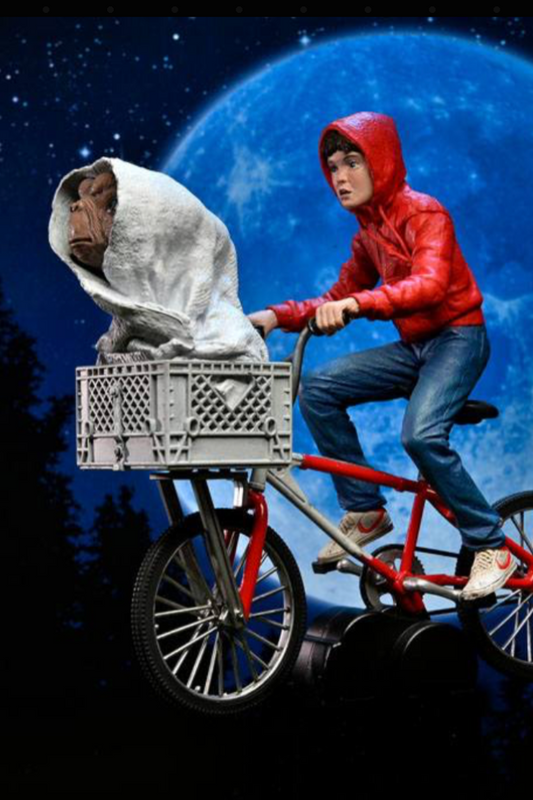 Figura diorama NECA Elliott y E.T. en bicicleta 13 cm con fondo de luna.