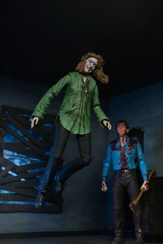 Pack de figuras Evil Dead NECA – Bloody Ash con Cheryl flotando en escena oscura.