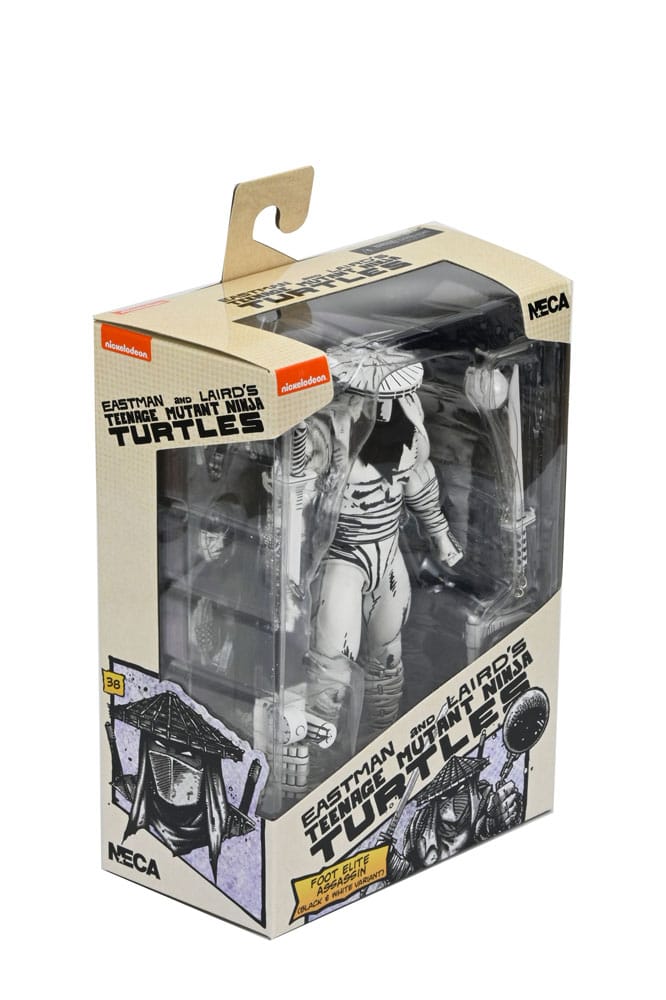 Figura articulada Foot Assassin Black & White de NECA inspirada en los cómics clásicos de Teenage Mutant Ninja Turtles.