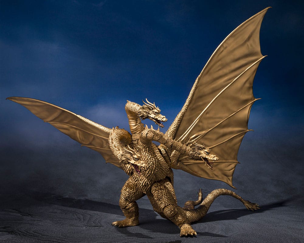 Detalle de las tres cabezas articuladas de Ghidorah
