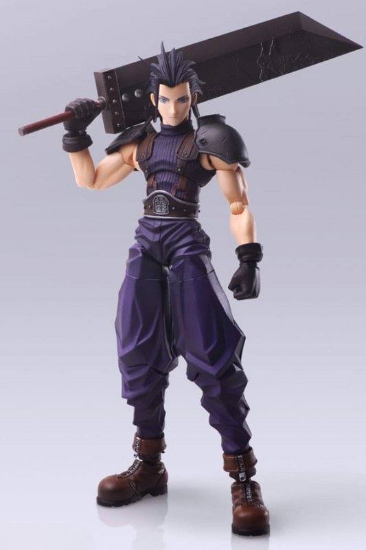 Figura de Zack Fair Final Fantasy VII Bring Arts 16 cm sosteniendo la espada Buster en el hombro.