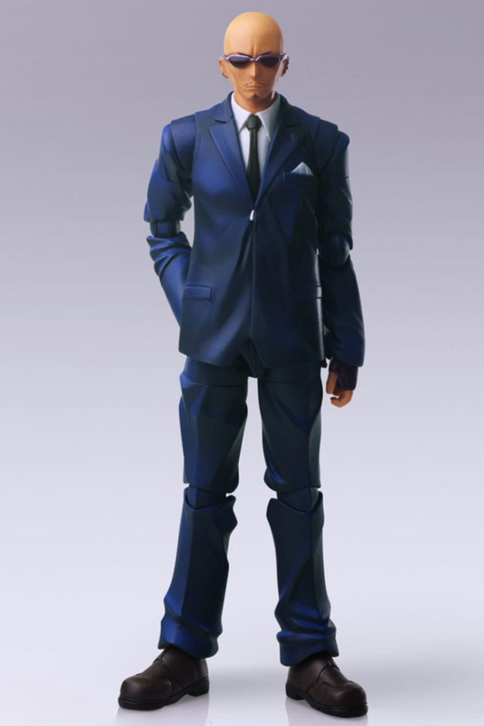 Figura Rude Final Fantasy VII Bring Arts 16 cm con traje azul y gafas de sol.