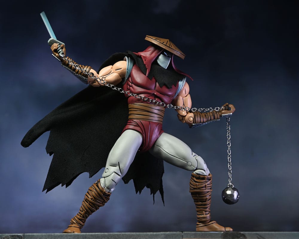 Vista frontal de la figura Foot Assassin Classic Colors de NECA con accesorios para Teenage Mutant Ninja Turtles.