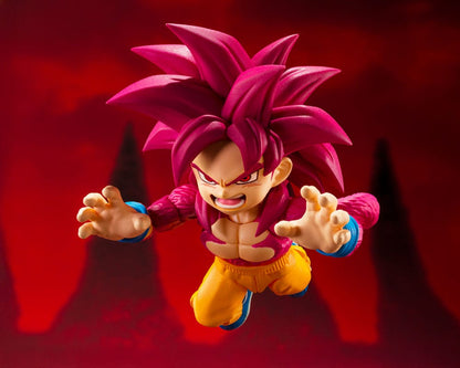 Goku SSJ4 mini figura articulada en pose de combate – Tamashii Nations.