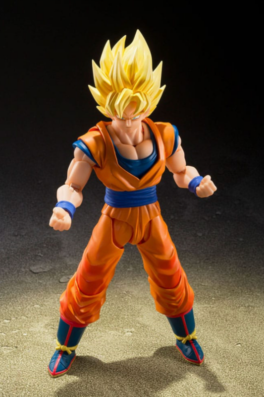 Figura articulada Goku Super Saiyan iluminado con fondo oscuro