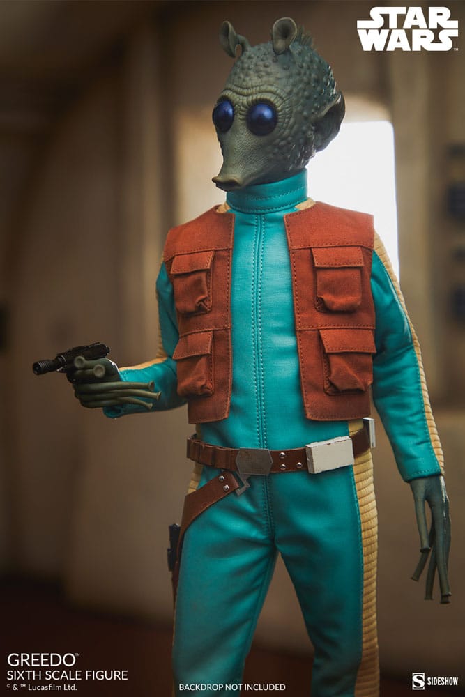 Figura de Greedo apuntando con su pistola bláster en fondo galáctico.