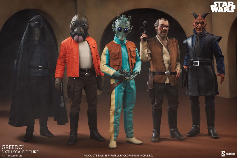 Escena de Greedo junto a otros personajes de la cantina Mos Eisley.
