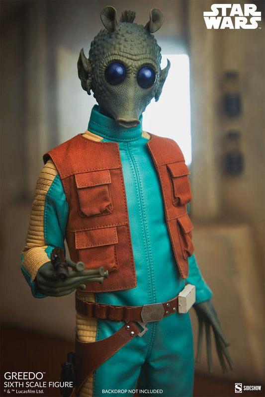 Figura de Greedo Star Wars con chaleco naranja y ropa de tela, escala 1/6.