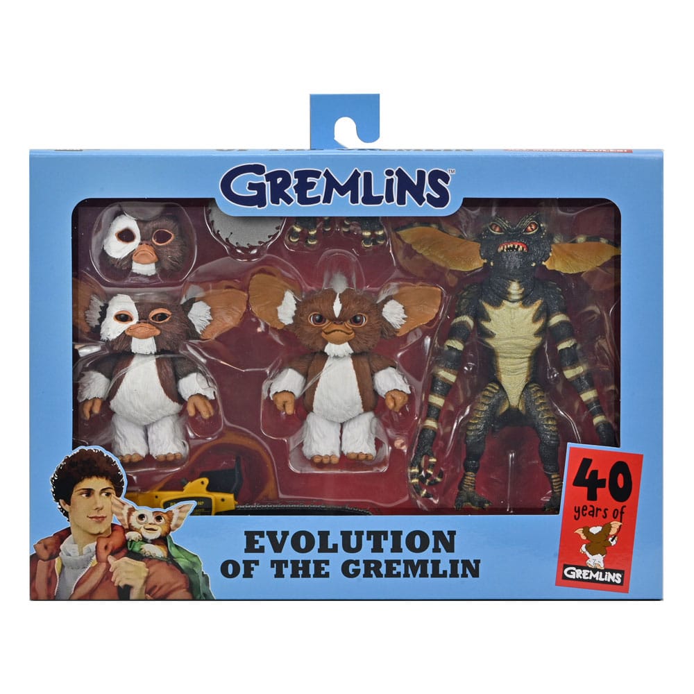 Caja con ventana del set Gremlins Evolution 40th Anniversary de NECA vista frontal
