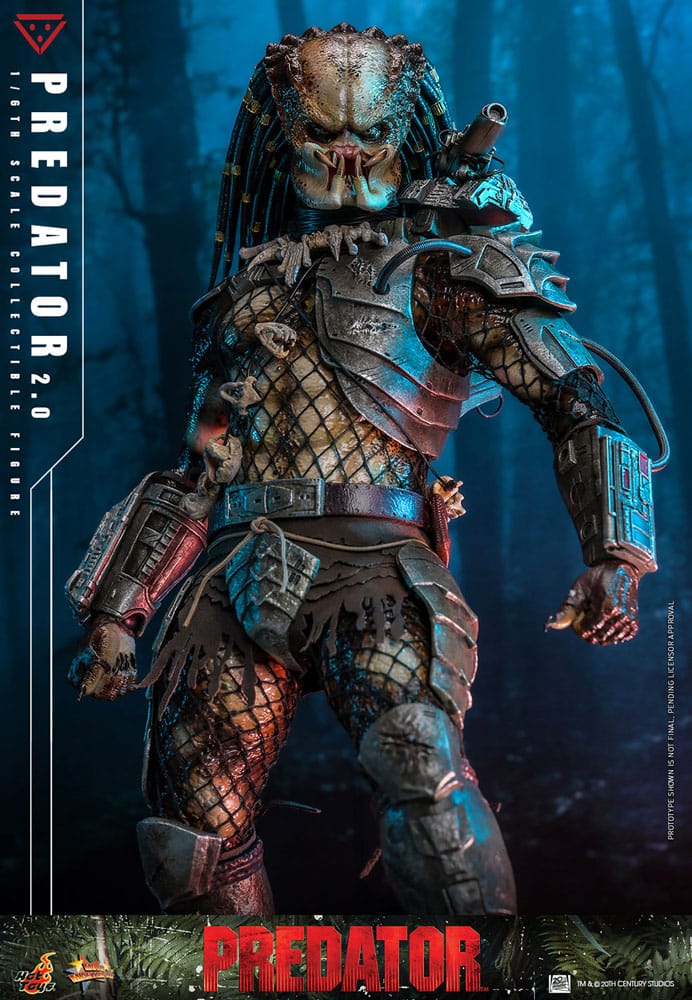 Vista lateral de la figura Predator Hot Toys con accesorios