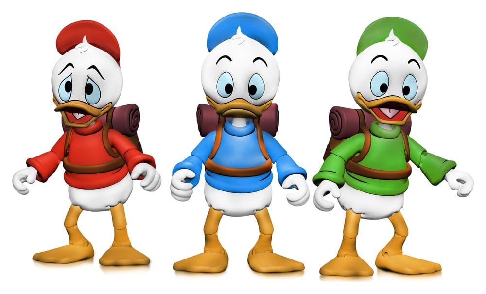 Accesorios de las figuras Huey Dewey y Louie NECA con mochilas mapas y equipo de aventura