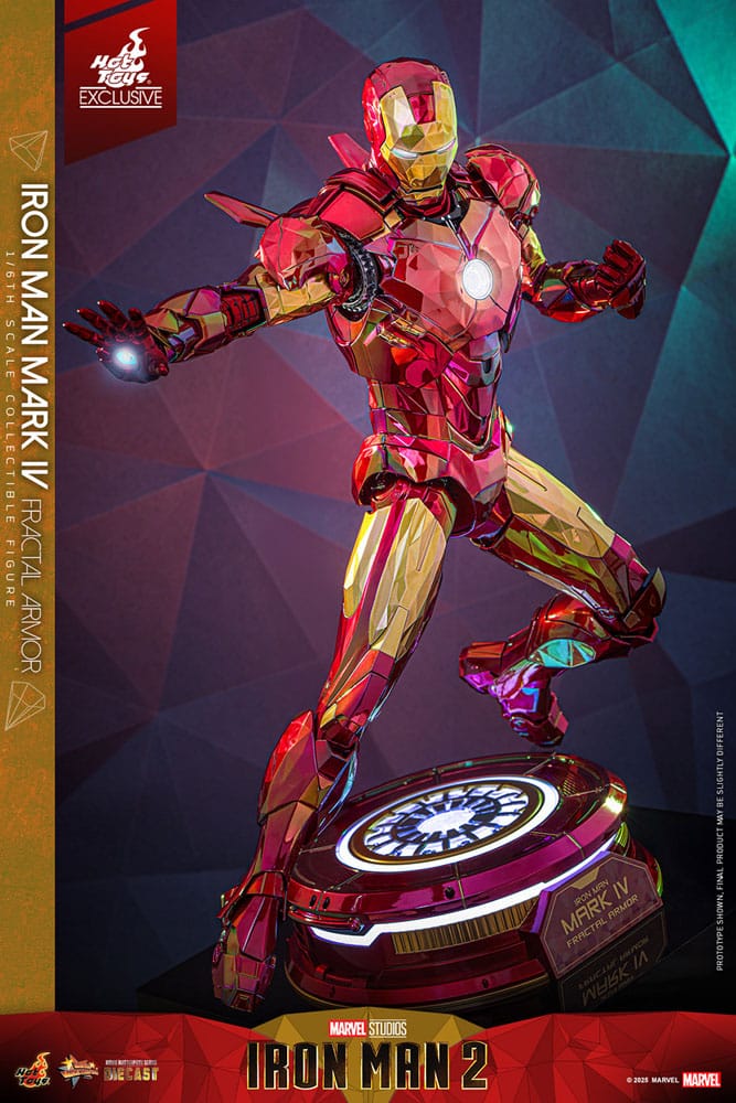 Figura Iron Man Hot Toys Fractal Armor con base iluminada y acabado metálico.