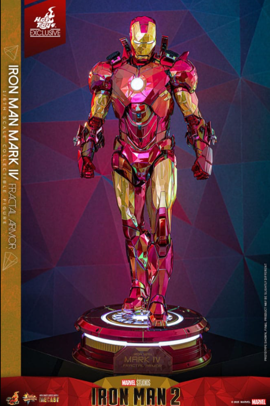 Figura Iron Man Mark IV Fractal Armor Hot Toys Diecast escala 1/6 con efecto iridiscente.