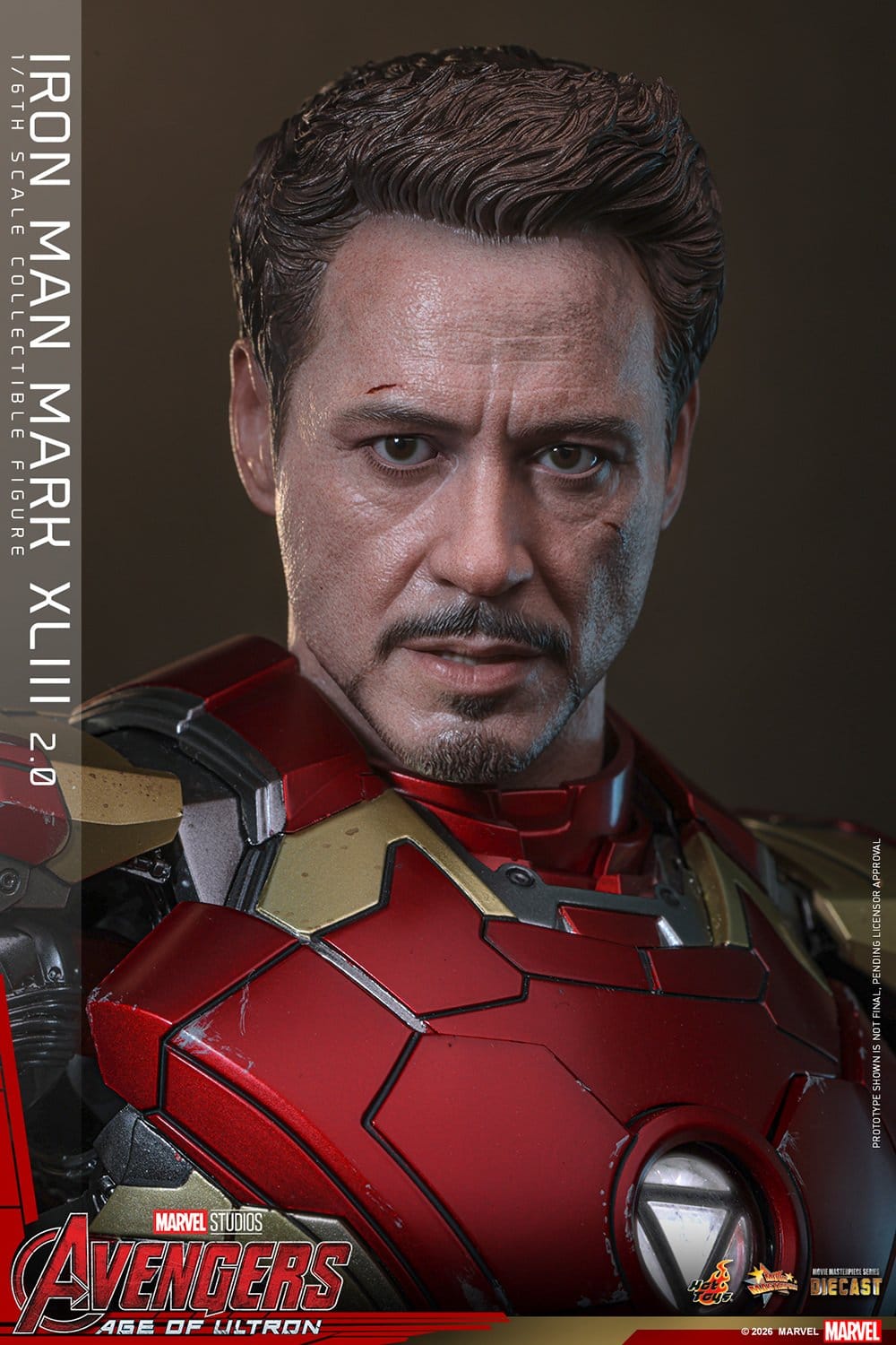 Escultura facial Tony Stark Iron Man Mark XLIII 2.0 Hot Toys 1/6 con ojos móviles realistas