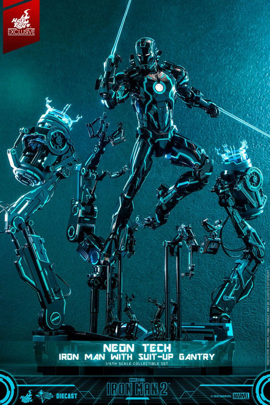Figura articulada Neon Tech Iron Man 2 con Suit-Up Gantry Hot Toys escala 1/6