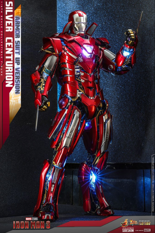 Figura frontal Silver Centurion 1/6 con armadura iluminada – Hot Toys Iron Man 3